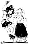  2girls :3 anger_vein angry animal_ears bow bowtie camera commentary_request detached_sleeves full_body geta greyscale hat highres holding holding_camera inubashiri_momiji kokechankokko medium_hair missing_wings monochrome multiple_girls open_mouth pom_pom_(clothes) puffy_short_sleeves puffy_sleeves ribbon-trimmed_sleeves ribbon_trim sandals shameimaru_aya short_sleeves skirt smile socks tail tengu-geta tokin_hat touhou wolf_ears wolf_girl wolf_tail 