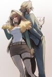  1boy 1girl animal_ears back-to-back belt breasts brother_and_sister brown_hair brown_skirt cleavage covered_navel droopy_ears earrings fishnet_pantyhose fishnets fluffy_tail fox_ears fox_girl fox_tail fur-trimmed_jacket fur-trimmed_sleeves fur_trim glasses green_jacket green_suit grey_background half-closed_eyes hand_in_pocket hand_up highres jacket jewelry large_breasts long_hair looking_at_viewer multiple_rings official_alternate_costume open_clothes pantyhose parted_lips red_eyes ring shirt siblings silver_ring skirt suit tail thigh_strap twitter_username white_shirt yasiro_hayate ye_shiyuan ye_shunguang zenless_zone_zero 