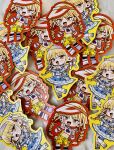  1girl :d absurdres arm_warmers blonde_hair blush bow braid chibi comiket_104 commentary_request cropped_shirt double_v fang fujita_kotone full_body gakuen_idolmaster hair_bow hairband highres idolmaster long_hair low_twin_braids midriff multiple_views oomori_(kswmr) photo_(medium) red_bow shirt shorts sidelocks skin_fang skirt smile smug socks sticker_(medium) suspenders twin_braids v visor_cap white_bow white_shirt white_skirt wrist_cuffs yellow_eyes yellow_shorts 