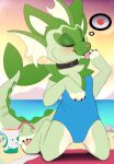2022 3_toes beach beach_towel beverage black_claws black_collar blue_clothing blue_swimwear camel_toe claws clothed clothed_female clothed_feral clothing collar day digital_media_(artwork) drinking_straw eeveelution eyes_closed fan_character fangs feet female female_feral feral fin front_view generation_1_pokemon generation_9_pokemon green_body green_ears green_tail hi_res hybrid kneeling licking meraence nintendo one-piece_swimsuit outside pawpads pink_nose pink_pawpads pink_tongue pokemon pokemon_(species) rock sand sea seaside self_lick sky snout solo sprigatito star starry_sky swimwear tail teeth toe_claws toes tongue tongue_out towel vaporeon water
