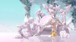  1girl angel_statue blonde_hair breasts chain cleavage closed_eyes closed_mouth colored_inner_hair commentary_request dangdidangdi eyelashes flower hexia highres korean_commentary luci_(hexia) multicolored_hair purple_hair red_flower reflective_floor statue virtual_youtuber 
