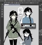  1girl adam_lanza adjusting_collar aegyo_sal aged_down ahoge alternate_hair_color alternate_hair_length_(longer) alternate_skin_color animal ar-15 arm_at_side art_program_in_frame bare_arms black_eyes black_gloves black_hair black_thighhighs blue_hoodie blue_shirt blush braid braided_ponytail breasts censored censored_text chiikawa chiikawa_(character) clenched_teeth clip_studio_paint closed_mouth clover collared_shirt colored_eyelashes colored_skin commentary_request cowboy_shot cropped_torso downturned_eyes drawstring empty_eyes english_text facing_viewer fingerless_gloves flat_chest frown genderswap genderswap_(mtf) gloves green_jacke green_jacket grey_background gun hair_behind_ear hair_between_eyes hair_flaps hair_ornament hairclip hand_up highres holding holding_gun holding_weapon hood hood_down hoodie index_finger_raised jacket lightened_skin limited_palette long_hair long_sleeves looking_at_animal looking_at_viewer looking_down looking_to_the_side medium_hair messy_hair multiple_views no_pants no_pupils oversized_jacket pale_skin parted_lips photo-referenced pocket puffy_long_sleeves puffy_sleeves real_life rifle shirt short_sleeves sidelocks simple_background single_braid sirotan_(user_atxh7375) sketch small_breasts speech_bubble standing straight-on sweat sweatdrop teeth thighhighs true_crime turtleneck turtleneck_jacket uneven_eyes upper_body weapon white_skin 