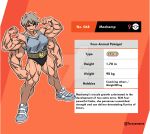  1girl artist_name belt black_buruma buruma character_name character_profile clenched_hand collarbone deviantart_logo deviantart_username dutch_angle english_text extra_arms flexing full_body grey_hair height highres looking_at_viewer machamp muscular muscular_female orange_background personification pokedex_number pokemon pokemon_sword_and_shield red_eyes short_hair smirk taruyamame veins venus_symbol watermark weight 