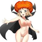  :d ass_visible_through_thighs breasts brown_eyes brown_hair cloak eitarou2828 halloween hat jack-o'-lantern large_breasts naked_cloak nipples open_mouth outstretched_arm pussy senki_zesshou_symphogear short_hair smile solo tachibana_hibiki_(symphogear) thigh_gap white_background winged_hat 
