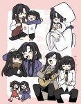  2girls aged_down aged_up araya_(project_moon) baby backpack bag black_hair black_pants black_skirt blue_hoodie blue_kimono blue_necktie blue_suit book border bow brown_coat closed_eyes coat collared_shirt commentary_request grey_shirt guitar hair_bow highres holding_hands hood hoodie instrument japanese_clothes kimono kojocho05 limbus_company long_hair long_sleeves microphone multicolored_hair multiple_girls necktie open_mouth pants pink_border playing_guitar playing_instrument pleated_skirt project_moon red_bag red_bow red_eyes ryoshu_(project_moon) shirt skirt smile streaked_hair suit translation_request white_shirt wide_sleeves 