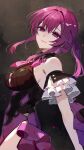  1girl arm_cuffs commentary_request cowboy_shot dress from_side highres honkai:_star_rail honkai_(series) kafka_(honkai:_star_rail) kafka_(star_rail_live_2024)_(honkai:_star_rail) long_hair looking_at_viewer looking_to_the_side marumai official_alternate_costume ponytail purple_dress purple_eyes purple_hair sidelocks smile solo 