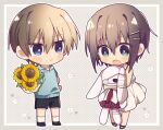  1boy 1girl :< :o alternate_costume aqua_eyes black_shorts blue_eyes blue_hoodie blush_stickers bouquet bright_pupils brother_and_sister brown_hair casual chibi chibi_only closed_mouth commentary_request downturned_eyes dress eyepatch flower frown full_body grey_background hair_ornament hairclip highres holding holding_bouquet holding_stuffed_toy hood hood_down hoodie looking_at_another looking_at_object looking_down mamiya_hasaki mamiya_tomosane medical_eyepatch medium_hair open_mouth outline parallel_hairclips polka_dot polka_dot_background sakura-no sandals short_hair short_sleeves shorts siblings sidelocks simple_background sleeveless sleeveless_dress spoilers standing stuffed_animal stuffed_rabbit stuffed_toy subarashiki_hibi sundress sunflower tareme tsurime v-shaped_eyebrows white_dress white_outline white_pupils x_mouth 