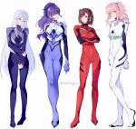  1other 25-ji_nightcord_de._(project_sekai) 3girls absurdres akiyama_mizuki arms_behind_back asahina_mafuyu ayanami_rei ayanami_rei_(cosplay) black_ribbon blue_bodysuit blue_eyes blue_hair bodysuit bow brown_eyes brown_hair brown_ribbon closed_mouth commentary cosplay crossed_arms english_commentary full_body hair_between_eyes hair_bow hair_ribbon highres holding_own_wrist ikari_shinji ikari_shinji_(cosplay) interface_headset_(evangelion) long_hair looking_at_another looking_at_viewer mole mole_under_eye multiple_girls mzkfuyu nagisa_kaworu nagisa_kaworu_(cosplay) neon_genesis_evangelion open_mouth pink_hair pink_ribbon ponytail project_sekai red_bodysuit ribbon shinonome_ena short_hair side_ponytail souryuu_asuka_langley souryuu_asuka_langley_(cosplay) standing striped_ribbon very_long_hair white_background white_bodysuit white_bow yoisaki_kanade 