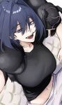 1girl :d absurdres black_shirt blue_eyes blue_hair breasts commentary cosplay creature creature_on_shoulder cropped_shirt fangs fushiguro_toji fushiguro_toji_(cosplay) hair_between_eyes hair_intakes highres hololive hololive_english hunk_404 jujutsu_kaisen large_breasts looking_at_viewer midriff navel on_shoulder open_mouth ouro_kronii pants shirt short_hair smile solo t-shirt virtual_youtuber white_pants 