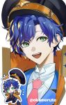  1boy :d astel_leda astel_leda_(1st_costume) blonde_hair blonde_streaks blue_hair chibi chibi_inset collared_shirt commentary green_eyes hat highres holding holding_microphone holostars jacket male_focus microphone multicolored_hair multiple_views necktie okamoruto open_mouth orange_jacket peaked_cap portrait red_necktie shirt smile streaked_hair teeth untranslatable_commentary upper_teeth_only virtual_youtuber white_shirt 