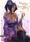  1girl alcohol alt_text alternate_costume artist_name bare_shoulders black_hair black_thighhighs bleach blue_flower breasts champagne chest_sarashi cleavage collarbone commentary corrupted_twitter_file cup dark-skinned_female dark_skin english_commentary feet_out_of_frame floral_print floral_print_kimono flower groin hair_flower hair_ornament hand_up happy_new_year highres holding holding_cup ivizard japanese_clothes kimono kimono_partially_removed large_breasts long_hair looking_at_viewer nose parted_bangs parted_lips pelvic_curtain ponytail print_kimono purple_background purple_kimono sarashi shihouin_yoruichi sidelocks simple_background sitting smile solo thighhighs thighs yellow_eyes yokozuwari 