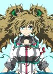  1girl animal_ears asymmetrical_jacket blast_onepiece_(racing)_(umamusume) blast_onepiece_(umamusume) blue_eyes braid braided_sidelocks breasts brown_hair choker closed_mouth clothes_around_waist clothing_cutout collarbone fluffy_hair hair_between_eyes hair_ornament highres hip_vent horse_ears horse_girl jacket large_breasts long_hair looking_at_viewer sidelocks simple_background smile solo twintails umamusume zukki_(bijitaru) 