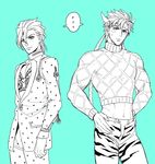  animal_print aqua_background bad_id bad_pixiv_id bruno_buccellati bruno_buccellati_(cosplay) caesar_anthonio_zeppeli cosplay crop_top guido_mista guido_mista_(cosplay) headband jojo_no_kimyou_na_bouken male_focus midriff monochrome multiple_boys pannacotta_fugo sokka_(kbs) sweatdrop tiger_print turtleneck winged_hair_ornament zipper 