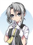  asymmetrical_hair bangs buttons collared_shirt fingers_together flipped_hair gloves hair_rings hands_together highres hikobae kantai_collection long_hair looking_at_viewer necktie nowaki_(kantai_collection) ponytail shirt short_sleeves silver_eyes silver_hair smile solo striped swept_bangs tie_clip upper_body vest white_gloves white_shirt yellow_neckwear 