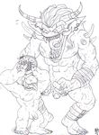  abs digimon drooling duo ear_piercing flaccid goblimon hair horn long_hair male monochrome muscle_vein necronomos nipples nude ogremon pecs penis piercing saliva spikes tagme teeth tongue vein 