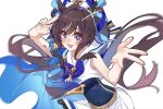  1girl :d animal_ears blue_eyes blue_nails brown_hair commentary dexien ear_covers hair_between_eyes hat highres horse_ears horse_girl horse_tail long_hair looking_at_viewer mole mole_under_eye open_mouth salute shirt simple_background single_ear_cover smile solo tail twintails two-finger_salute umamusume untranslatable_commentary vivlos_(umamusume) vivlos_(voyage_etincelant)_(umamusume) white_background white_hat 