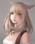  2015 animal_ears bare_shoulders blonde_hair breasts cat_ears cleavage dated facial_mark final_fantasy final_fantasy_xiv green_eyes lips looking_at_viewer medium_breasts miqo'te momoko_(momopoco) shirt signature simple_background slit_pupils solo upper_body 