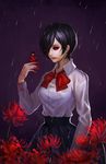  black_sclera blood blood_from_mouth bloody_hands bug butterfly butterfly_on_hand collared_shirt flower insect kirishima_touka neck_ribbon purple_hair rain red_eyes ribbon saikac shirt short_hair skirt solo tokyo_ghoul 