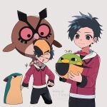  1boy black_hair black_pants closed_mouth commentary_request ethan_(pokemon) grey_background grey_eyes hat highres holding holding_unworn_clothes holding_unworn_hat hoothoot in_hat jacket long_sleeves male_focus multiple_views natu on_shoulder pants pokemon pokemon_(creature) pokemon_heartgold_and_soulsilver pokemon_on_shoulder quilava red_jacket short_hair smile toi_(nisanrei121) twitter_username unworn_hat unworn_headwear watermark 