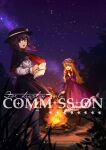  2girls black_capelet black_hat black_socks blonde_hair blue_eyes book boots bow brown_boots brown_eyes brown_shoes capelet commentary commission dress fire frilled_dress frills furahata_gen grass hair_bow hat hat_bow highres holding holding_book holding_pen kneehighs long_hair long_sleeves maribel_hearn mob_cap multiple_girls neck_ribbon night pen purple_dress red_bow red_capelet red_ribbon red_scarf ribbon ribbon-trimmed_capelet ribbon_trim scarf shirt shoes socks standing star_(sky) touhou two-sided_capelet usami_renko watermark white_hat white_shirt 