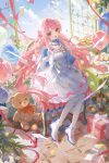  1girl artist_request bad_source baguette balloon bang_dream! bang_dream!_it's_mygo!!!!! book box bread bread_slice chair chihaya_anon cloud confetti copyright_notice day dress fang food full_body gift gift_box grey_eyes hand_up highres indoors long_hair long_sleeves looking_at_viewer official_alternate_costume official_art on_chair open_book open_mouth pantyhose paper pink_hair plate second-party_source shoes sitting sky solo star_(symbol) string_of_flags stuffed_animal stuffed_toy table teddy_bear white_dress white_pantyhose white_shoes wind_chime window 