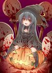 black_hair blood bloody_clothes boots commentary creek_(moon-sky) halloween hat highres long_hair original pumpkin sitting sitting_on_object solo staff witch witch_hat yandere yellow_eyes youjo_(creek_(moon-sky)) 