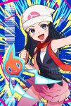  1girl :d beanie black_hair bracelet clenched_hand commentary cowboy_shot dawn_(pokemon) grey_eyes hand_up happy hat highres jewelry long_hair open_mouth outstretched_arm pink_skirt pokemon pokemon_(creature) pokemon_diamond/pearl/platinum red_scarf rotom rotom_(normal) scarf skirt smile toi_(nisanrei121) twitter_username watermark white_hat 