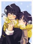  1boy 1girl :o black_hair blue_background blue_eyes blush braid brown_eyes chinese_clothes closed_mouth commentary_request hetero highres ranma_1/2 saotome_ranma saotome_ranma_(male) scarf shared_clothes shared_scarf short_hair single_braid snowflake_background split_mouth tangzhuang tendou_akane torn_clothes torn_scarf yodare 