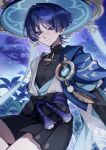  1boy absurdres anemo_symbol_(genshin_impact) animal_print armor arms_at_sides belt bird_print bishounen black_belt black_bodysuit black_bow black_bridal_gauntlets black_shorts blue_cape blue_gem blue_hat blue_jingasa blue_kimono blue_sleeves blunt_ends bodysuit bow bridal_gauntlets cape closed_mouth commentary_request covered_collarbone cowboy_shot eyelashes feathers furisode gem genshin_impact glowing_gem gold hair_intakes hakama hakama_shorts hat highres japanese_armor japanese_clothes jingasa juban kimono kote kurokote layered_sleeves looking_at_viewer male_focus mandarin_collar night open_clothes open_kimono outdoors plant pleated_shorts pom_pom_(clothes) purple_eyes purple_hair purple_rope purple_sash purple_sky rope sash scaramouche_(genshin_impact) short_sleeves shorts shoulder_peek side_cape sky smile solo tree tsurime w02_14 wanderer_(genshin_impact) white_kimono white_sleeves white_trim wispy_bangs yellow_feathers 