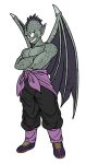  1boy bald black_pants blue_shoes border colored_skin crossed_arms dragon_ball dragon_ball_(classic) fangs fenyon fins green_skin head_fins highres male_focus monochrome pants purple_sash sash shoes smile tambourine_(dragon_ball) toriyama_akira_(style) white_background yellow_eyes 
