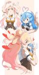  >_< ... 2girls ? ahoge arms_up blonde_hair blue_hair blush bow bowtie breasts brown_bow brown_bowtie character_doll chibi cleavage_cutout closed_eyes clothing_cutout commentary_request corset cropped_torso cutout_above_navel doll double_bun flower frilled_shirt frills gradient_hair green_eyes hair_bun hair_flower hair_ornament hat heart heart_ahoge highres hololive kiss kissing_forehead large_breasts long_hair mini_person minigirl momosuzu_nene momosuzu_nene_(1st_costume) multicolored_hair multiple_girls multiple_views orange_bow orange_bowtie pink_hair puckered_lips shirt simple_background sleeveless spoken_ellipsis spoken_heart spoken_question_mark twitter_username two_side_up underbust virtual_youtuber yukihana_lamy yukihana_lamy_(1st_costume) yuuzuki_(re'ef) 