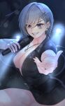  1girl absurdres black_nails blue_eyes breasts captain_dora character_name cleavage commentary_request earrings eyelashes face_piercing grey_hair heart heart_necklace highres holding holding_microphone indie_virtual_youtuber jewelry lip_piercing microphone momera necklace piercing reaching reaching_towards_viewer short_hair solo virtual_youtuber zipper 