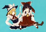  apron ascot black_eyes black_hair blonde_hair blue_background boots capelet cross-laced_footwear detached_sleeves full_body gohei hair_ribbon hair_tubes hakurei_reimu hat hat_ribbon highres japanese_clothes kirisame_marisa lace-up_boots long_sleeves looking_at_viewer mary_janes miko moke_(gaton) multiple_girls non-web_source ribbon scan scan_artifacts shirt shoes short_hair simple_background sitting skirt skirt_set socks touhou vest waist_apron white_legwear wide_sleeves witch_hat 