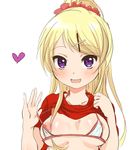  bad_id bad_pixiv_id bikini_top blonde_hair blush breasts hair_ornament hair_scrunchie hairclip heart heart-shaped_pupils hyooonoir kin-iro_mosaic kujou_karen long_hair looking_at_viewer medium_breasts nipples open_mouth ponytail purple_eyes red_shirt scrunchie shirt shirt_lift smile solo strap_pull symbol-shaped_pupils x_hair_ornament 