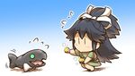  black_hair chibi commentary food hair_ribbon hair_rings hisahiko i-class_destroyer japanese_clothes kantai_collection katsuragi_(kantai_collection) kimono long_hair ponytail revision ribbon sash sharing_food shinkaisei-kan squatting sweet_potato tail tail_wagging very_long_hair white_ribbon yakiimo younger yukata |_| 