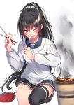  black_hair chopsticks commentary_request cooking highres isokaze_(kantai_collection) kantai_collection kappougi long_hair one_eye_closed ponytail red_eyes single_thighhigh skirt smock solo soukou_makura standing standing_on_one_leg thighhighs 