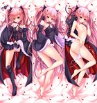  arukanu bare_shoulders barefoot bed_sheet breasts dakimakura detached_sleeves dress highres kotetu_han krul_tepes long_hair looking_at_viewer lying multiple_views navel nipples on_back on_side owari_no_seraph panties petals pink_hair pointy_ears red_eyes side-tie_panties small_breasts smile thighhighs underwear untied untied_panties vampire 