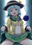  :d aqua_eyes ass_visible_through_thighs black_panties blush bow breasts buttons eyeball floral_print frills green_eyes green_hair green_skirt hat hat_bow hat_ribbon heart heart_of_string highres komeiji_koishi lifted_by_self long_sleeves medium_breasts open_mouth pale_skin panties ribbon sakatsu_ohane shirt short_hair sitting skirt skirt_lift smile solo teeth third_eye tongue touhou unbuttoned underboob underwear upskirt veins yellow_ribbon yellow_shirt 