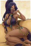  1girl absurdres alternate_costume anklet arabian_clothes armlet artist_name ass bare_shoulders barefoot black_hair bleach border bracelet breasts choker_jewel cleavage commentary couch dancer dark-skinned_female dark_skin full_body gold_bracelet gold_choker hand_up harem_outfit highres ivizard jewelry large_breasts legs long_hair looking_at_viewer mouth_veil navel on_couch outside_border parted_bangs parted_lips pelvic_curtain ponytail see-through_clothes see-through_veil shihouin_yoruichi sidelocks simple_background sitting smile solo thighs v-shaped_eyebrows veil white_border yellow_background yellow_eyes yokozuwari 