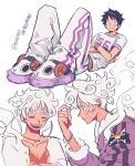  1boy black_hair closed_eyes closed_mouth collarbone crossed_arms devil_fruit_power from_side full_body gear_fifth going_merry highres holding_own_hair jolly_roger ki2ri5 knees_up leaning_back looking_at_viewer lying male_focus monkey_d._luffy multiple_views on_back one_piece open_mouth pants profile scar scar_on_cheek scar_on_chest scar_on_face shirt short_hair short_sleeves sitting straw_hats_jolly_roger transformation twitter_username upper_body white_hair white_pants white_shirt wristband 