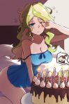  1girl 2girls absurdres arm_up ass babydoll birthday_cake blonde_hair blue_babydoll blue_eyes blush breasts brown_hair cake candle cleavage commentary_request diana_cavendish doodle_inset food green_hair highres indoors kagari_atsuko large_breasts little_witch_academia long_hair madabau multicolored_hair multiple_girls on_bed one_eye_closed open_mouth out_of_frame rubbing_eyes shirt sleepwear sleeveless solo_focus strap_slip thighs two-tone_hair waking_up wavy_hair white_shirt witch 