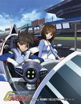  1girl black_hair brown_hair car copyright_name future_gpx_cyber_formula ground_vehicle highres hisayuki_hirokazu kazami_hayato long_hair motor_vehicle official_art racing_suit short_hair sugou_asuka 