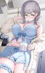  1girl absurdres babydoll black-framed_eyewear blue_babydoll blue_bow blue_choker blue_shorts blunt_bangs blurry blurry_background bow breasts cardigan ceiling choker cleavage collared_shirt commentary_request cooking_pot covered_groin cup depth_of_field fork frilled_shorts frilled_thigh_strap frills glasses green_eyes grey_hair hair_ornament hairclip hand_up highres holding holding_cup hololive indoors jewelry kettle kitchen lace lace_choker large_breasts long_hair long_sleeves looking_at_viewer midriff mug navel necklace nikumega official_alternate_costume open_mouth print_mug refrigerator shirogane_noel shirogane_noel_(sleepwear) shirt short_shorts shorts single_bare_shoulder single_off_shoulder sleepwear sleeves_past_wrists smile snowflake_hair_ornament snowflake_ornament solo spoon standing steaming_cup stove thigh_strap thighs tile_wall tiles utensil virtual_youtuber yellow_cardigan 