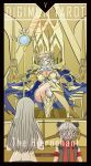  1boy 2girls absurdres aegiomon armlet armor armored_boots black_vest blonde_hair blue_coat blue_eyes blue_gem boobplate boots braid braided_bun breasts card_(medium) cleavage clothing_cutout coat coat_on_shoulders commentary_request covered_mouth crossed_legs crown digimon digimon_(creature) digimon_story:_time_stranger double_blade double_bun full_body gauntlets gem goat_boy goat_horns gold_armor gold_boots gold_crown grey_hair hair_bun high_heel_boots high_heels highres holding holding_staff hood hood_down hooded_shrug horns jacket jewelry junomon knee_pads large_breasts long_hair mask misono_inori mouth_mask multiple_girls multiple_halos ninja_mask on_throne pants parted_bangs pointy_ears red_scarf satyr scarf school_uniform short_hair shoulder_armor shrug_(clothing) sidelocks sitting staff standing tai_(cheungsk1213) tarot tarot_(medium) the_hierophant_(tarot) thigh_cutout throne vest white_jacket white_mask white_pants white_shrug 