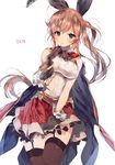  :o artist_name bad_id bad_pixiv_id black_gloves black_legwear blonde_hair blush bow bracelet breasts brown_hair brown_legwear cape clarisse_(granblue_fantasy) cowboy_shot garter_straps gloves granblue_fantasy green_eyes hair_bow hair_ribbon hand_to_own_mouth jewelry large_breasts leg_up long_hair looking_at_viewer miniskirt ponytail ribbon simple_background skirt skirt_tug sleeveless solo sukja thighhighs white_background 