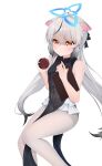  1girl :t absurdres adapted_costume animal_ear_fluff animal_ears bare_arms bare_shoulders black_bow black_dress black_streaks blue_archive blue_halo blush bow breasts china_dress chinese_clothes closed_mouth clothing_cutout commentary covered_navel diamond_cutout dress eyes_visible_through_hair feet_out_of_frame gradient_hair grey_hair hair_between_eyes hair_bow half_updo halo hands_up highres holding holding_notepad holding_stamp ink_stamp invisible_chair kokona_(blue_archive) long_hair looking_at_viewer multicolored_hair notepad orange_eyes pantyhose pelvic_curtain pout sakura_koigetsu sidelocks simple_background sitting sleeveless sleeveless_dress small_breasts solo sparkling_eyes streaked_hair striped_clothes striped_dress thighs tiger_ears tiger_girl variant_set vertical-striped_clothes vertical-striped_dress very_long_hair white_background white_pantyhose 