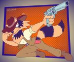  abstract_background action_pose alternate_version_at_paywall anthro beard black_stripes cheek_tuft clothing cowboy cowboy_hat digital_drawing_(artwork) digital_media_(artwork) facial_hair facial_tuft fluffy fluffy_tail fur gavanzude gun hat headgear headwear hi_res holster male mammal markings pose procyonid raccoon ranged_weapon rocky_raccoon_(strawberry_fields) signature smug solo strawberry_fields striped_markings striped_tail stripes tail tail_markings tan_body tan_fur tipping_hat topwear tuft vest weapon 
