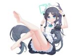  1girl apron aqua_halo aris_(blue_archive) aris_(maid)_(blue_archive) arm_up ass bare_legs barefoot black_dress black_hair blue_archive blue_eyes blue_pupils blue_ribbon closed_mouth collared_dress commentary curled_fingers dress feet full_body halo hand_up high_ponytail highres knees_up legs legs_up light_blush long_hair long_sidelocks looking_at_viewer maid maid_apron middle_part mofan_sama neck_ribbon nose_shade official_alternate_costume official_alternate_hairstyle parted_hair petticoat plantar_flexion ponytail puffy_short_sleeves puffy_sleeves reclining rectangular_halo ribbon ringed_eyes salute short_dress short_sleeves sidelocks simple_background smile soles solo split_mouth tareme upskirt variant_set very_long_hair white_background white_headdress wristband 