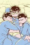  artist_name black_hair bowl_cut boy_sandwich briefs brothers closed_eyes drooling eyebrows frown lying male_focus male_underwear matsuno_ichimatsu matsuno_karamatsu matsuno_todomatsu mochio_(gootarara) multiple_boys on_back on_side osomatsu-kun osomatsu-san pants_down pillow sandwiched siblings sleeping tears underwear white_briefs 