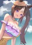  1girl animal_ears bikini breasts brown_hair brown_hat brown_overalls cleavage cloud cloudy_sky commentary_request frilled_bikini frills hat highres hokko_tarumae_(pastel_marine_locadol)_(umamusume) hokko_tarumae_(umamusume) horse_ears horse_girl large_breasts long_hair looking_at_viewer mini_hat multicolored_hair off-shoulder_bikini off_shoulder official_alternate_costume official_alternate_hairstyle open_mouth overalls pink_bikini purple_eyes side_ponytail sky smile solo strap_slip streaked_hair swimsuit umamusume white_streaks yuutopia 